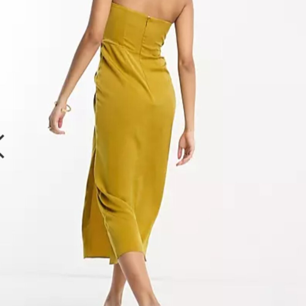 ASOS Strapless Twist Front Midi Dress in Mustard - Picture 2 of 3